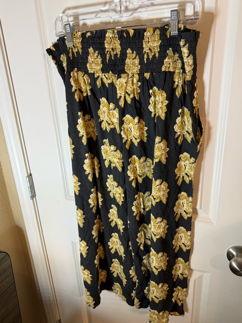 Kate Quinn Black & Mustard Floral Wide Leg Pants XXL Smocked Waist Boho Bamboo